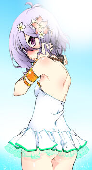 1girl antenna_hair ass back blue_sky blush casual_one-piece_swimsuit commentary_request elf embarrassed flower frilled_one-piece_swimsuit frills from_behind hair_flower hair_ornament highres kokkoro_(princess_connect!) kokkoro_(summer)_(princess_connect!) kuromasa_shisei looking_at_viewer looking_back one-piece_swimsuit pointy_ears princess_connect! purple_eyes sky solo sun swimsuit white_one-piece_swimsuit