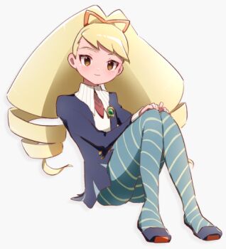 1girl blonde_hair blue_dress blue_pantyhose bow dress drill_hair grey_background hair_bow kika_tohoku long_hair looking_at_viewer luna_platz_(mega_man) mega_man_(series) mega_man_star_force_(series) pantyhose simple_background sitting striped_clothes striped_pantyhose twin_drills very_long_hair