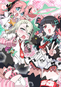 3girls :d angels_of_delusion aria_(zenless_zone_zero) arm_warmers black_hair blue_eyes blunt_bangs blush commentary_request cowboy_shot double-parted_bangs green_eyes green_halo hair_between_eyes halo highres holding holding_microphone ixy long_hair looking_at_viewer microphone multiple_girls nangong_yu necktie open_mouth pink_eyes pink_hair red_eyes red_necktie short_hair smile striped_arm_warmers sunna_(zenless_zone_zero) twintails v zenless_zone_zero
