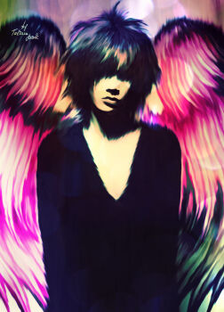 1boy hair_over_eyes highres j-rock male_focus musician plastic_tree realistic ryutaro_arimura solo visual_kei wings