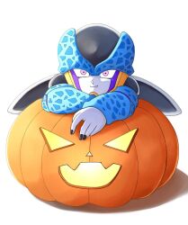 Rule 34 | 1boy, cell junior, commentary, dragon ball, dragonball z, fang, jack-o&#039;-lantern, male focus, pink eyes, simple background, smile, solo, takumi1230g, white background