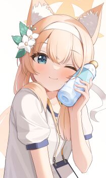 1girl absurdres animal_ear_fluff blue_archive blue_eyes blush bottle closed_mouth flower gym_shirt gym_uniform hair_between_eyes hair_flower hair_ornament hairband halo highres jing_(947728534) leaf_hair_ornament long_hair looking_at_viewer mari_(blue_archive) mari_(track)_(blue_archive) official_alternate_costume official_alternate_hairstyle orange_hair shirt short_sleeves shorts sidelocks simple_background solo very_long_hair water_bottle white_flower white_hairband white_shirt yellow_halo