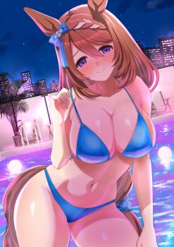 1girl absurdres alternate_costume animal_ears bikini blue_bikini blue_eyes blush bow braid braided_bangs breasts brown_hair brown_tail city cleavage closed_mouth commentary_request contrapposto ear_bow hair_between_eyes highres horse_ears horse_girl horse_tail large_breasts long_hair looking_at_viewer narumi_yuzurai navel pool pool_ladder skindentation smile solo stomach super_creek_(umamusume) swimsuit tail thighs umamusume