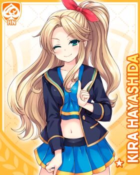 1girl ;) blonde_hair blue_shirt blue_skirt bow breasts card_(medium) character_name cheerleader cleavage crop_top girlfriend_(kari) green_eyes hayashida_kira jacket long_hair looking_at_viewer miniskirt navel official_art one_eye_closed open_clothes open_jacket pleated_skirt pointing qp:flapper red_bow shirt skirt smile solo standing straight-on thighs yellow_background