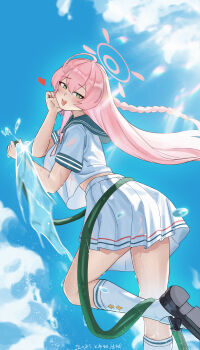 1girl :d absurdres ahoge artist_name backlighting black_shoes blue_archive blue_sky blurry braid breasts chinese_commentary cloud commentary_request curvy dated day depth_of_field floating_hair foot_out_of_frame green_eyes hair_between_eyes halo hanako_(blue_archive) hands_up heart heart-shaped_pupils highres holding holding_hose hose huge_ahoge kneehighs large_breasts long_hair midriff miniskirt open_mouth outdoors pink_hair pink_halo pleated_skirt school_uniform see-through_clothes see-through_shirt serafuku shangdi_de_fa_zhang shirt shoe_soles shoes short_sleeves single_braid skirt sky smile socks solo standing standing_on_one_leg sunlight symbol-shaped_pupils teeth thighs tongue tongue_out upper_teeth_only very_long_hair water wet wet_clothes wet_shirt white_serafuku white_shirt white_skirt white_socks