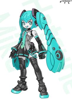 1girl :d aqua_eyes aqua_hair arms_at_sides bare_shoulders breasts colored_skin detached_sleeves dress full_body grey_dress hatsune_miku joints long_hair looking_at_viewer lordyanyu mechanical_hair mechanization open_mouth robot_girl robot_joints small_breasts smile solo standing teeth thighhighs twintails upper_teeth_only very_long_hair vocaloid white_skin