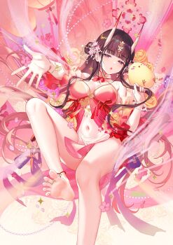 1girl 2026 :o alternate_costume anniversary atdan azur_lane bare_shoulders breasts brown_hair chinese_zodiac detached_sleeves falling_petals feet flower gem gold gradient_background japanese_clothes jewelry kimono large_breasts manjuu_(azur_lane) navel noshiro_(azur_lane) oni pearl_(gemstone) petals pink_background purple_eyes rose soles toe_ring yellow_background