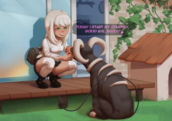Rule 34 | 1boy, 1girl, absurdres, bag, blush, breasts, demon horns, demon tail, doghouse, english text, gen 2 pokemon, grass, green eyes, highres, horns, houndoom, kevabwtf, long hair, looking at another, medium breasts, nintendo, outdoors, petting, pokemon, satchel, shoes, sitting, skirt, smile, speech bubble, squatting, tail, thighhighs, white hair, white thighhighs