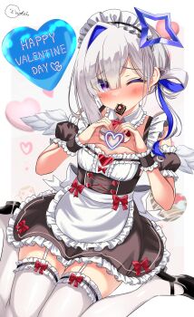 Rule 34 | 1girl, absurdres, amane kanata, apron, asymmetrical bangs, balloon, black dress, black wrist cuffs, blue hair, breasts, chocolate, commentary request, detached collar, detached sleeves, dress, eyes visible through hair, feathered wings, food in mouth, frilled apron, frilled thighhighs, frilled wrist cuffs, frills, garter straps, grey hair, halo, happy valentine, heart, heart balloon, heart hands, highres, hololive, inokeiwd, long hair, maid apron, maid headdress, mini wings, multicolored hair, one eye closed, purple eyes, short sleeves, single hair intake, sitting, sleeveless, sleeveless dress, small breasts, solo, star halo, thighhighs, tilted halo, valentine, virtual youtuber, wariza, white apron, white thighhighs, white wings, wings, wrist cuffs