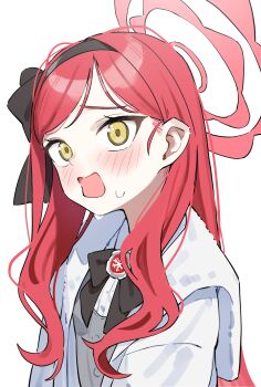 1girl absurdres black_bow black_bowtie black_hairband blue_archive blush bow bowtie commentary dress furrowed_brow grey_dress hairband halo hanakonenne highres jacket long_hair looking_at_viewer open_mouth solo sweat takane_(blue_archive) upper_body white_jacket yellow_eyes