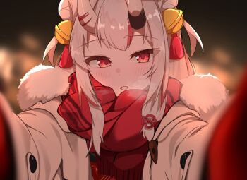 1girl :o absurdres alternate_costume bell blurry blurry_background commentary dot_nose fur_trim hair_between_horns hair_ornament highres hololive horns light_blush long_hair meme mk_haku multicolored_hair nakiri_ayame oni pov pov_cheek_warming_(meme) red_eyes red_hair red_scarf scarf skin-covered_horns teeth virtual_youtuber white_hair winter winter_clothes