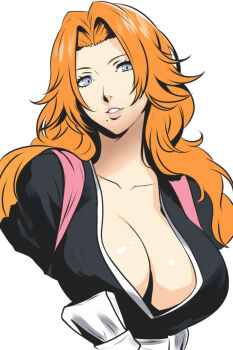 1girl bleach blue_eyes breasts cleavage collarbone large_breasts long_hair looking_at_viewer matsumoto_rangiku mole mole_under_mouth orange_hair solo windriftdraws