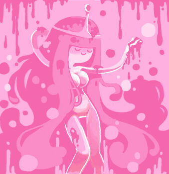 1girl adventure_time breasts cartoon_network chewing_gum closed_eyes large_breasts long_hair nude pink_background pink_hair pink_theme princess princess_bonnibel_bubblegum slime_(substance) smile standing sukaponta tiara very_long_hair