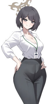 1girl absurdres black_eyes black_hair black_pants blue_archive breasts bright_pupils brown_halo cleavage commentary_request halo highres hiromi_(blue_archive) id_card kurochomo lanyard office_lady pants partially_unbuttoned shirt short_hair smile tsurime white_pupils white_shirt