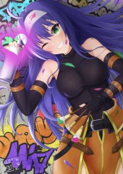 1girl :d ahoge artist_logo bare_shoulders blue_hair commentary_request dated detached_sleeves fire_emblem fire_emblem:_path_of_radiance graffiti green_eyes grin hair_intakes headband heart highres holding holding_paintbrush holding_spray_can logo long_hair long_sidelocks looking_at_viewer mia_(fire_emblem) nintendo one_eye_closed open_mouth paint paint_on_body paint_on_clothes paint_splatter paint_splatter_on_face paintbrush parted_lips ryuusaki_rei sidelocks smile solo spray_can spray_paint upper_body white_headband