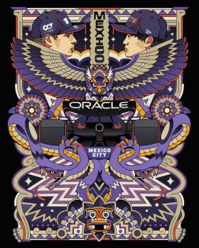 2boys absurdres aztec aztec_(style) baseball_cap bird black_hair brown_hair chuangraphics eagle english_text formula_one hat highres male_focus mexico multiple_boys original poster_(medium) short_hair snake