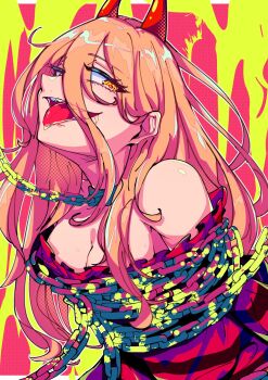 1girl bare_shoulders breasts chain chained chainsaw_man cleavage commentary_request crosshair_pupils demon_girl demon_horns double-parted_bangs dress frilled_dress frills hair_between_eyes highres horns karan_koron100 long_hair long_hair_between_eyes looking_at_viewer medium_breasts open_mouth orange_hair power_(chainsaw_man) red_dress red_horns restrained saliva smile solo tongue tongue_out upper_body yellow_eyes