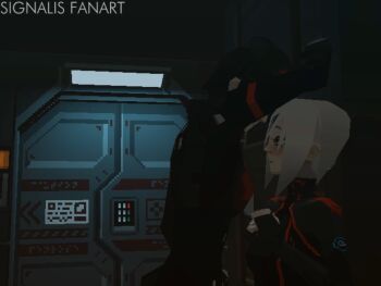 2girls 3d android ariane_yeong atelier_(arainydancer) black_hair blush commentary copyright_name door elster_(signalis) english_commentary fingerless_gloves gloves height_difference highres kabedon multiple_girls red_eyes short_hair sidelocks signalis uniform white_hair yuri