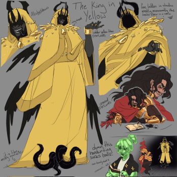 1other 2boys alistartdraws armor averythemayo bags_under_eyes bangle black_hair black_skin black_wings book bracelet brooch character_name cloak colored_skin d3rlord3 elbow_rest eldritch_abomination english_text feathered_wings helmet highres holding holding_book holding_pen holding_unworn_helmet hood hood_up horns inkwell jewelry mini_wings multiple_boys multiple_wings pen red_cloak reference_sheet robe searching_for_a_world_that_doesn&#039;t_exist shoulder_armor tentacles unworn_headwear unworn_helmet wings writing yellow_cloak yellow_robe