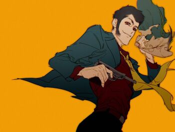 1boy alternate_costume arsene_lupin_iii belt belt_buckle black_eyes black_hair black_pants buckle chinese_commentary commentary facial_hair green_jacket gun hand_hair handgun holding holding_gun holding_weapon jacket long_sleeves looking_at_viewer lupin_iii male_focus medium_sideburns necktie open_clothes open_jacket pants red_shirt shirt short_hair sideburns simple_background smile solo sonne431 weapon yellow_background yellow_necktie