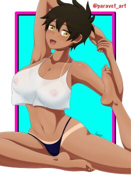 1girl :d absurdres arm_up armpits arms_behind_head artist_name barefoot bikini_tan blue_panties breasts brown_hair cleavage collarbone covered_erect_nipples crop_top dark-skinned_female dark_skin feet female_focus highleg highleg_panties highres interlocked_fingers kurobe_natsumi large_breasts looking_at_viewer nail_polish navel nipples open_mouth panties paravet shirt short_hair sleeveless smile soles solo spread_legs stretching tan tanline thighs toenail_polish toenails toes tomboy twitter_username underwear white_shirt yellow_eyes yellow_nails yoga