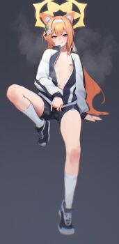 1girl :q absurdres animal_ear_fluff animal_ears arm_support bandaid bandaids_on_nipples beeeeen black_footwear black_jacket black_shorts blue_archive blue_eyes blue_jacket blurry blush cat_ears cat_girl commentary_request flat_chest flower full_body grey_background gym_shorts hair_flower hair_ornament hairband halo highres invisible_chair jacket knee_up korean_commentary long_hair long_sleeves looking_at_viewer low_ponytail mari_(blue_archive) mari_(track)_(blue_archive) mixed-language_commentary multicolored_jacket naughty_face navel official_alternate_costume official_alternate_hairstyle open_clothes open_jacket orange_hair pasties ponytail puffy_long_sleeves puffy_sleeves short_shorts shorts simple_background sitting socks solo thighs tongue tongue_out track_jacket two-tone_jacket white_hairband white_socks yellow_halo