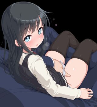 1boy 1girl asashio_(kancolle) black_dress black_hair black_thighhighs blue_eyes blue_pants blue_shirt blush bow bow_panties clothes_lift commentary dd_(ijigendd) dress dress_lift fingering from_behind hand_in_another&#039;s_panties highres kantai_collection loli long_hair looking_at_viewer looking_back open_mouth panties pants pinafore_dress school_uniform shirt sitting sitting_on_lap sitting_on_person sleeveless sleeveless_dress thighhighs thighs underwear white_panties white_shirt