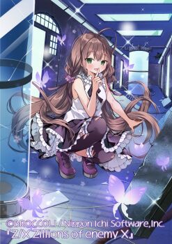 Rule 34 | 07touka25, 1girl, antenna hair, black skirt, black thighhighs, brown hair, bug, butterfly, copyright notice, finger to mouth, frilled shirt, frills, glowing butterfly, green eyes, highres, indoors, insect, kurosaki kasuga, long hair, looking at viewer, low twintails, official art, open mouth, purple shoes, shirt, shoes, skirt, sleeveless, sleeveless shirt, solo, sparkle, squatting, stasis tank, thighhighs, torn clothes, torn thighhighs, twintails, very long hair, white shirt, z/x