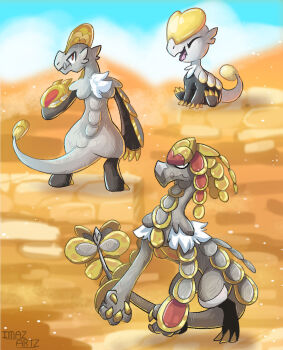 artist_name blue_sky claws closed_eyes closed_mouth cloud commentary day english_commentary evolutionary_line fangs full_body gen_7_pokemon hakamo-o imazartz jangmo-o kommo-o looking_back nintendo no_humans open_mouth pokemon pokemon_(creature) pokemon_focus red_eyes scales sitting skin_fangs sky smile standing