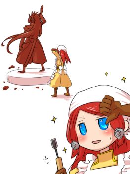 Rule 34 | apron, bandana, blazblue, blue eyes, blush, chisel, chocolate, gloves, haiero, hakumen, kiseru, smoking pipe, red hair, tsubaki yayoi