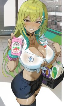1girl absurdres aisle aqua_hair badge black_choker black_shorts black_thighhighs blonde_hair bottle bracelet breasts brown_eyes bursting_breasts button_badge button_gap chain chain_necklace choker cleavage collared_shirt commentary commission cowboy_shot double-parted_bangs dress_shirt drink_carton english_commentary food_packaging frayed_shorts fuji_rika_(lmasayoshi) gold gold_bracelet gold_ring grin groceries grocery_store gyaru hair_ornament hand_up highres holding holding_milk_carton indoors jewelry large_breasts long_hair midriff milk_bottle milk_carton mole mole_on_breast mole_under_eye multicolored_hair multiple_rings navel necklace original park_ongjol pendant_choker pink_nails ring scrunchie shirt shopping shopping_basket short_shorts short_sleeves shorts smile solo standing strawberry_milk streaked_hair supermarket thighhighs tied_shirt tile_floor tiles toilet_paper two-tone_hair undersized_clothes watermark white_shirt wrist_scrunchie x_hair_ornament