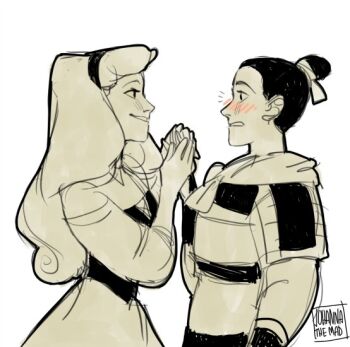 Rule 34 | 2010s, 2013, 2girls, aurora (disney), blush, crossover, disney, eye contact, fa mulan (disney), female focus, holding hands, johannathemad, looking at another, monochrome, mulan (movie), multiple girls, reverse trap, sleeping beauty (disney), smile, white background, yuri