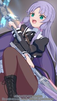 Rule 34 | 1girl, absurdres, aqua eyes, assault lily, banshouya ena, black boots, black cape, black ribbon, black skirt, boots, bow, brown pantyhose, cape, commentary request, convenient leg, cowboy shot, cropped jacket, dual wielding, frilled skirt, frills, from behind, gradient background, grey background, hair bow, high-waist skirt, highres, holding, holding weapon, juliet sleeves, lace-up boots, leg up, light particles, long hair, long sleeves, looking at viewer, low-tied sidelocks, neck ribbon, open mouth, pantyhose, parted bangs, pink bow, puffy sleeves, purple cape, purple hair, ribbon, school uniform, sidelocks, skirt, solo, standing, standing on one leg, teeth, two-sided cape, two-sided fabric, ueharu, upper teeth only, upskirt, v-shaped eyebrows, watermark, weapon, yurigaoka girls academy school uniform