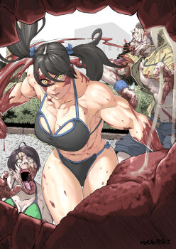 1girl abs angry beaten biceps black_hair blood blood_from_mouth blood_on_face blood_on_hands breasts building bush cityscape closed_mouth cloud cloudy_sky colored_skin corpse crushed crushing death deep_wound deltoids exposed_bone furrowed_brow grass grey_skin grey_sky highres injury large_breasts lips looking_at_viewer muscular muscular_arms muscular_female mutilation nature object_through_head obliques organs original outdoors overcast overpowering path punching pursed_lips reverse_ryona road scenery sky skyline strong sunlight superhuman_stegoro_girl_(tsukunekinako) tsukunekinako twintails undead violence yellow_eyes zombie