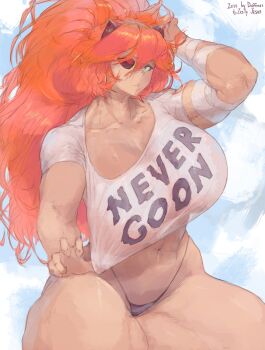 absurdres bandaged_arm bandages blue_eyes breasts colored_eyepatch cutesexyrobutts_(style) duffmox eyepatch g-string highres horns large_breasts long_hair meme messy_hair muscular muscular_female never_goon_(meme) orange_hair original panties red_horns shirt signature simple_background string_panties t-shirt thick_thighs thighs thong underwear white_shirt zess_(zesty_jesus)