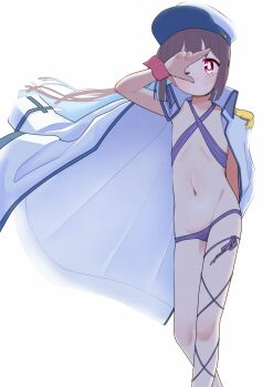 1girl ;) arm_behind_back backlighting bikini blue_hair brown_hair coat coat_on_shoulders colored_inner_hair commentary criss-cross_halter dot_nose epaulettes feet_out_of_frame flat_chest groin halterneck hand_over_face hand_up happyundergate hat highres hozuki_momiji leg_ribbon light_blush loli looking_at_viewer multicolored_hair navel official_alternate_costume official_alternate_hair_length official_alternate_hairstyle one_eye_closed onii-chan_wa_oshimai! open_clothes open_coat peaked_cap pink_bikini red_eyes ribbon simple_background smile solo standing stomach swimsuit two-tone_hair white_background white_coat wrist_cuffs
