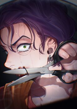 Rule 34 | 1boy, absurdres, blood, blood on mouth, commentary request, crying, cutting, earrings, green eyes, hair slicked back, highres, holding, holding scissors, jewelry, looking at mirror, looking at viewer, male focus, mirror, nekowaka smore, no i'm not a human, orange scarf, portrait, purple hair, red shirt, scarf, scissors, shirt, short hair, solo, stitched mouth, stitches, sweat, wireface (no i'm not a human)