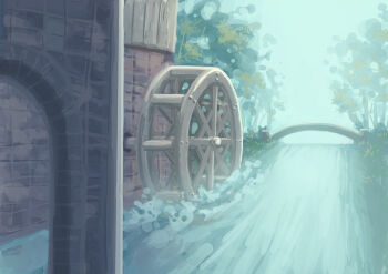 Rule 34 | aoi yoru (shikizaki), bridge, commentary request, day, highres, impressionism, no humans, original, outdoors, river, scenery, still life, water wheel