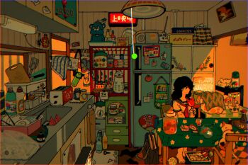 1girl absurdly_detailed_composition asagi_iro bag barefoot basket black_hair black_sailor_collar black_socks cabinet calico_(pattern) calico_cat candy_apple cat ceiling_light chair checkered_tablecloth commentary_request cutting_board doorway drawer english_text facing_away faucet floral_print glass_bottle glass_jar hand_fan hand_up highres holding_candy_apple holding_food indoors ketchup_bottle kettle kitchen knife loaded_interior long_hair looking_ahead magnet mustard_bottle neckerchief note on_chair open_bag original paper_fan pet plastic_bottle plate poster_(object) radio radio_antenna red_neckerchief refrigerator refrigerator_magnet sailor_collar sailor_shirt school_bag school_uniform serafuku shirt sink sitting soap_bottle socks solo soy_sauce_bottle spatula string_of_light_bulbs stuffed_animal stuffed_toy table tablecloth toaster towel unworn_socks wall_lamp white_shirt wide_shot
