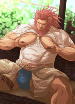 1boy animal_ears bara bare_pectorals beard blue_male_underwear bulge caineghis_(fire_emblem) closed_mouth clothing_cutout commentary_request covered_penis erection erection_under_clothes facial_hair fire_emblem fire_emblem:_path_of_radiance large_pectorals large_variant_set male_focus male_underwear muscular muscular_male nintendo nipples nisetetsuo pectorals red_hair sitting solo underwear variant_set