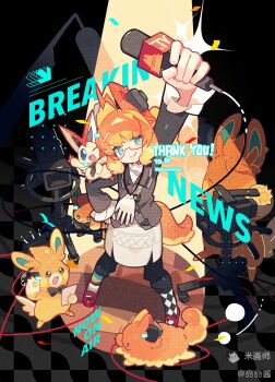 1girl ;d animal_ears argyle_clothes argyle_socks arm_up asymmetrical_legwear black_pants black_shirt character_request closed_mouth collared_shirt fang fang_out fox_ears fox_girl fox_tail full_body glasses green_eyes headphones highres holding holding_microphone long_sleeves meimei_(wakamoid) microphone mihuashi_username mismatched_legwear nintendo one_eye_closed open_mouth orange_hair original outstretched_arm pants pawmi pokemon pokemon_(creature) red-framed_eyewear red_shoes shirt shoes short_hair skirt smile socks standing striped_clothes striped_socks tail thank_you white_skirt