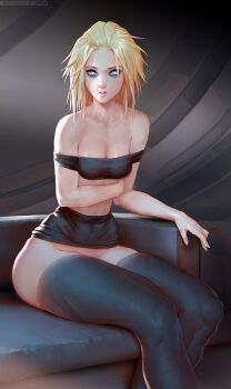 1girl absurdres bangs_pinned_back bare_shoulders black_skirt black_thighhighs blonde_hair blue_eyes breasts cleavage clothes_lift collarbone couch destiny_(game) eyeliner eyeshadow forehead highres humanization legs_together long_legs makeup mara_sov medium_breasts medium_hair messy_hair miniskirt naftosaur narrow_waist no_panties nose parted_lips purple_lips sitting skirt skirt_lift solo strapless thighhighs tube_top