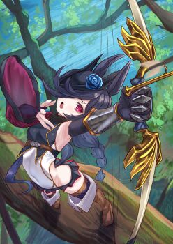 1girl absurdres alternate_costume alternate_hair_color animal_ears armpits arrow_(projectile) asymmetrical_gloves black_gloves black_hair black_leotard black_skirt blue_flower blue_hair blue_rose boots bow_(weapon) branch breasts brown_boots covered_navel detached_sleeves flipped_hair flower gloves hair_over_one_eye hat hat_flower highres holding holding_bow_(weapon) holding_weapon horse_ears horse_girl horse_tail leotard long_hair looking_at_viewer miniskirt mismatched_gloves on_branch open_mouth outdoors purple_eyes purple_sleeves purple_thighhighs rice_shower_(umamusume) rose skirt solo standing tail tatsumi_yashiro thigh_boots thighhighs tilted_headwear tree umamusume weapon white_leotard