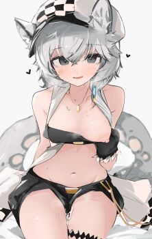 1girl animal_ears arknights bandeau bandeau_pull black_bandeau black_gloves black_shorts breasts cliffheart_(arknights) clothes_pull cowboy_shot crossed_bangs cum cum_on_body cum_on_legs fur-trimmed_gloves fur_trim gloves grey_eyes grey_hair groin hair_between_eyes hat heavy_breathing highres jewelry leopard_ears leopard_girl leopard_tail light_blush looking_at_viewer mikozin navel necklace nipples one_breast_out pulling_own_clothes short_hair short_shorts shorts simple_background sitting small_breasts smile solo tail thigh_strap thighs white_background white_hat