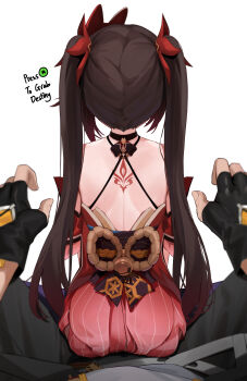 1boy 1girl absurdres ass back bare_back black_gloves black_hair black_pants caelus_(honkai:_star_rail) commentary_request detached_sleeves dress english_text fingerless_gloves gloves grey_shirt hair_ribbon highres honkai:_star_rail honkai_(series) long_hair pants pov red_dress red_ribbon ribbon shirt sitting sitting_on_lap sitting_on_person skai_kun sparkle_(honkai:_star_rail) trailblazer_(honkai:_star_rail) twintails