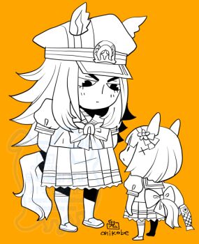 Rule 34 | 2girls, animal ears, blunt bangs, bob cut, bow, bowtie, closed mouth, commentary request, fenomeno (umamusume), flipped hair, flower, full body, greyscale with colored background, hair flower, hair ornament, hat, height difference, horse ears, horse girl, horse tail, loafers, long hair, multiple girls, nishino flower (umamusume), onikobe rin, orange background, peaked cap, pleated skirt, puffy short sleeves, puffy sleeves, school uniform, shirt, shoes, short hair, short sleeves, simple background, skirt, socks, standing, tail, tracen school uniform, umamusume, v-shaped eyebrows