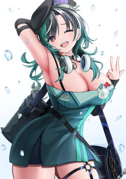 1girl absurdres aqua_hair armpits arms_up beret black_hair black_hat breasts cleavage dress green_dress hat headphones headphones_around_neck highres hololive hololive_dev_is kouyuki_umika large_breasts looking_at_viewer mole mole_on_neck o-ring o-ring_thigh_strap rindo_chihaya smile solo thigh_strap v virtual_youtuber white_background white_streaks