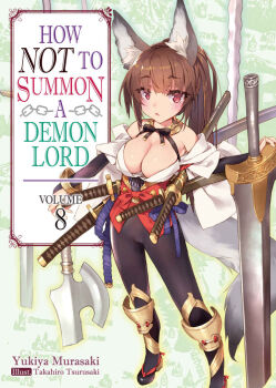 10s 1girl animal_ears breasts brown_hair cat_ears cleavage cover cover_page dog_ears dwarf female_focus isekai_maou_to_shoukan_shoujo_no_dorei_majutsu large_breasts long_hair novel_cover novel_illustration official_art shortstack solo tsurusaki_takahiro