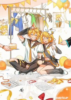 1boy 3girls ^_^ anniversary balloon banner bass_clef black_choker black_leg_warmers black_shorts black_sleeves blonde_hair blue_nails blueberry_hedy blurry blush bow_hairband character_name choker closed_eyes clothes_hanger copyright_name crossed_bangs dated depth_of_field detached_sleeves full_body grin hair_between_eyes hair_ornament hairband hairclip happy_birthday hashtag-only_commentary hat hatsune_miku highres kagamine_len kagamine_rin leg_warmers megurine_luka multiple_girls parallel_hairclips party_hat poster_(object) puffy_short_sleeves puffy_sleeves sash sheet_music shirt shoes short_sleeves shorts smile sparkle streamers teeth treble_clef vocaloid white_shirt white_shoes