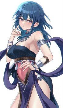 1girl alternate_costume ancient_greek_clothes armlet blue_eyes blue_hair blush bracelet breasts choker_jewel dancer dancer_(fire_emblem:_three_houses) dress female_byleth_(fire_emblem) fire_emblem fire_emblem:_three_houses gem greco-roman_clothes hair_between_eyes highres jewelry long_hair looking_at_viewer medium_breasts medium_hair nintendo parted_lips pelvic_curtain red_gemstone shinae simple_background single-shoulder_dress single_bare_shoulder single_strap solo thighs white_background